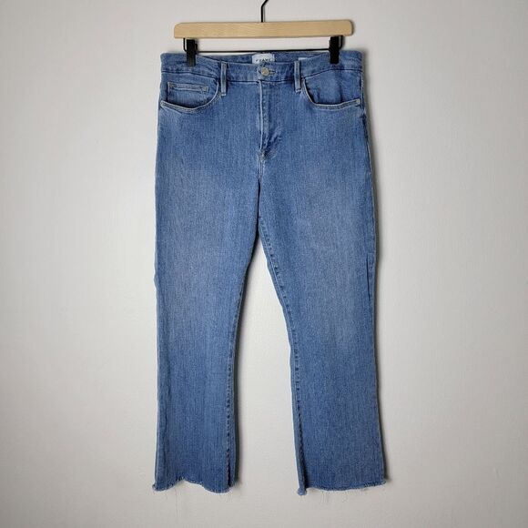 ⬇️ FRAME Denim Le Crop Mini Boot High Waist Frayed Hem Sustainable Jeans Size 32 - Picture 1 of 13